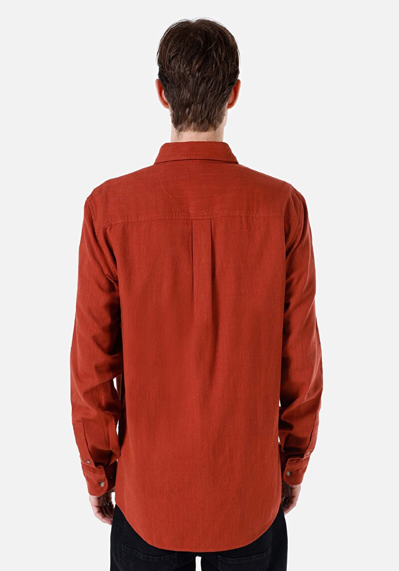 Regular Fit Shirt Neck Düz Erkek Turuncu Uzun Kol Gömlek