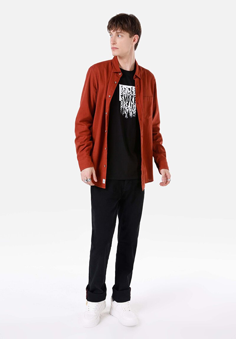 Regular Fit Shirt Neck Düz Erkek Turuncu Uzun Kol Gömlek