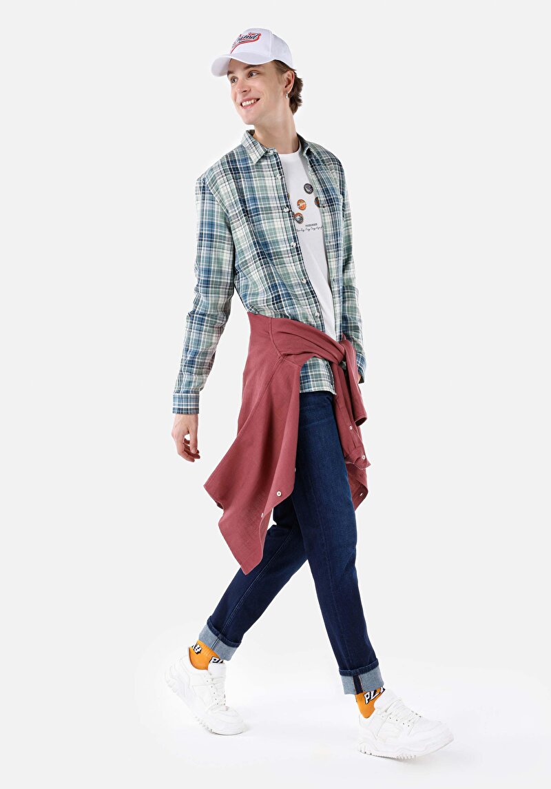 Regular Fit Shirt Neck Ekoseli Erkek Çok Renkli Uzun Kol Gömlek