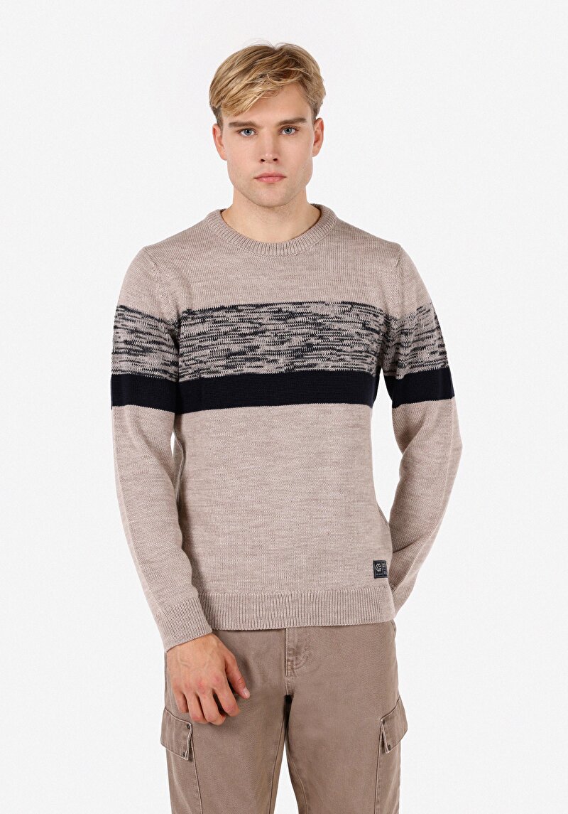 Regular Fit Yuvarlak Yaka Erkek Bej Triko Kazak
