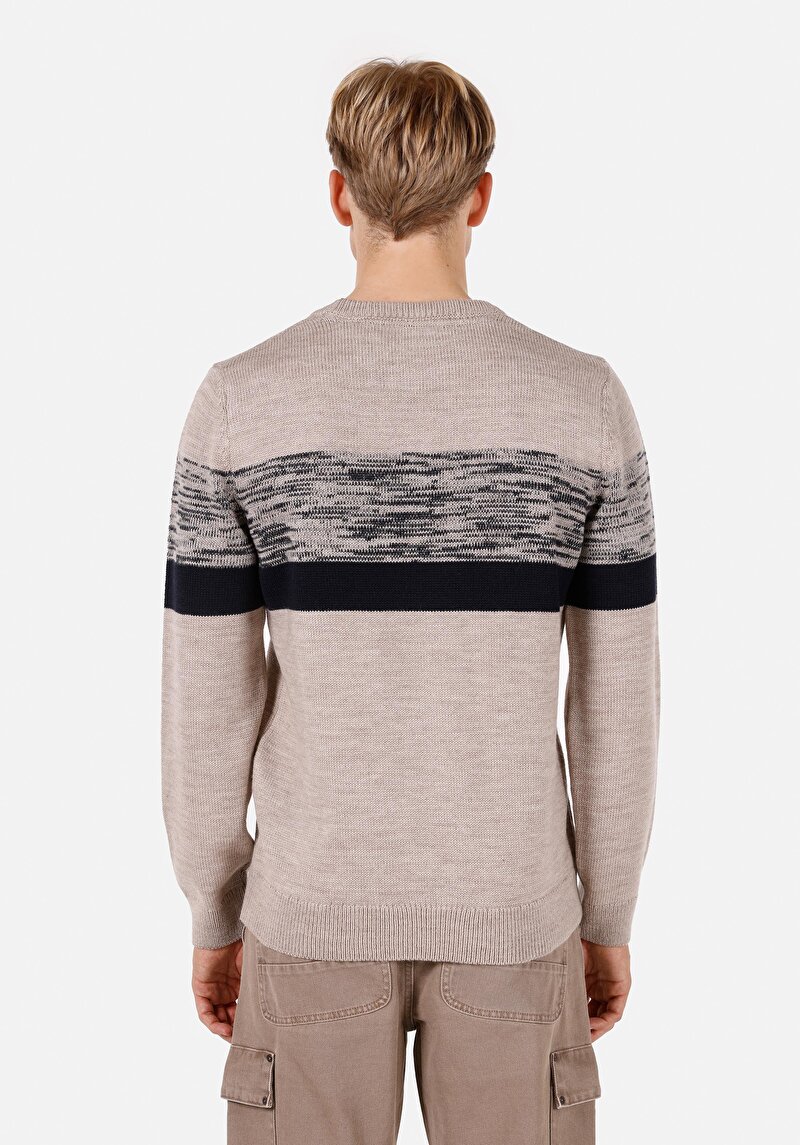 Regular Fit Yuvarlak Yaka Erkek Bej Triko Kazak