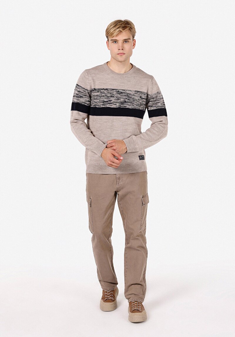 Regular Fit Yuvarlak Yaka Erkek Bej Triko Kazak
