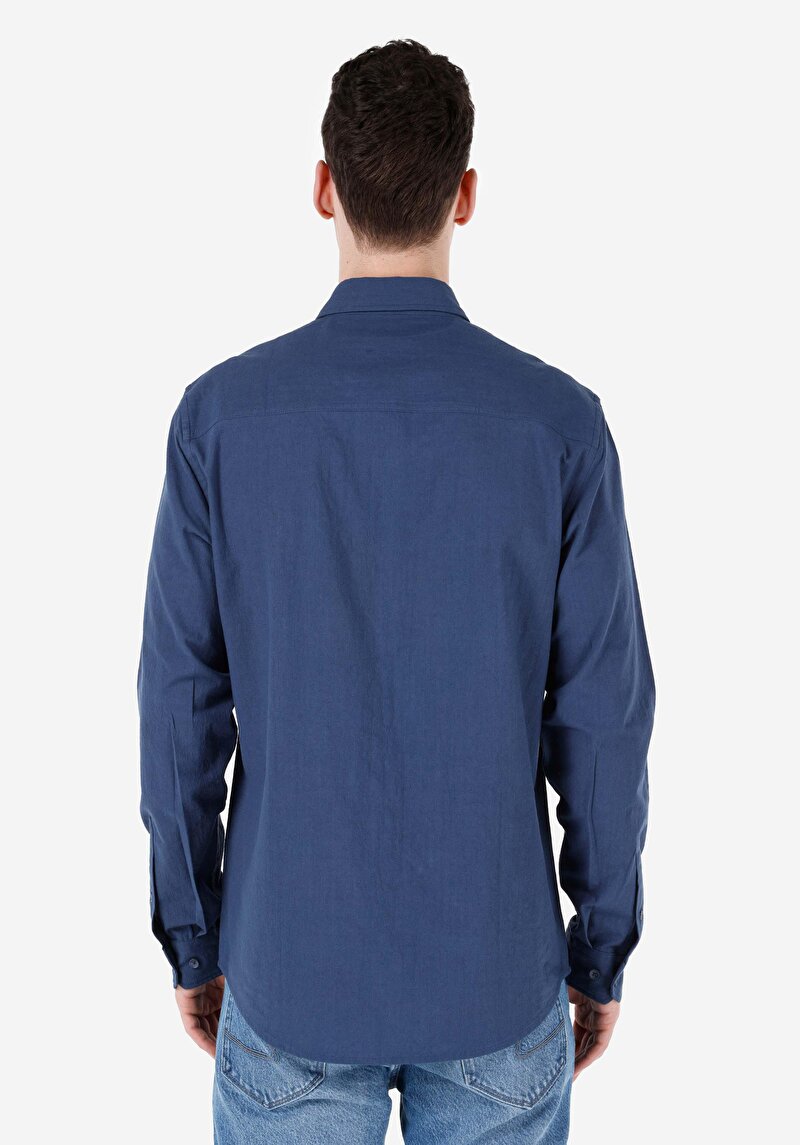 Regular Fit Shirt Neck Düz Erkek Mavi Uzun Kol Gömlek