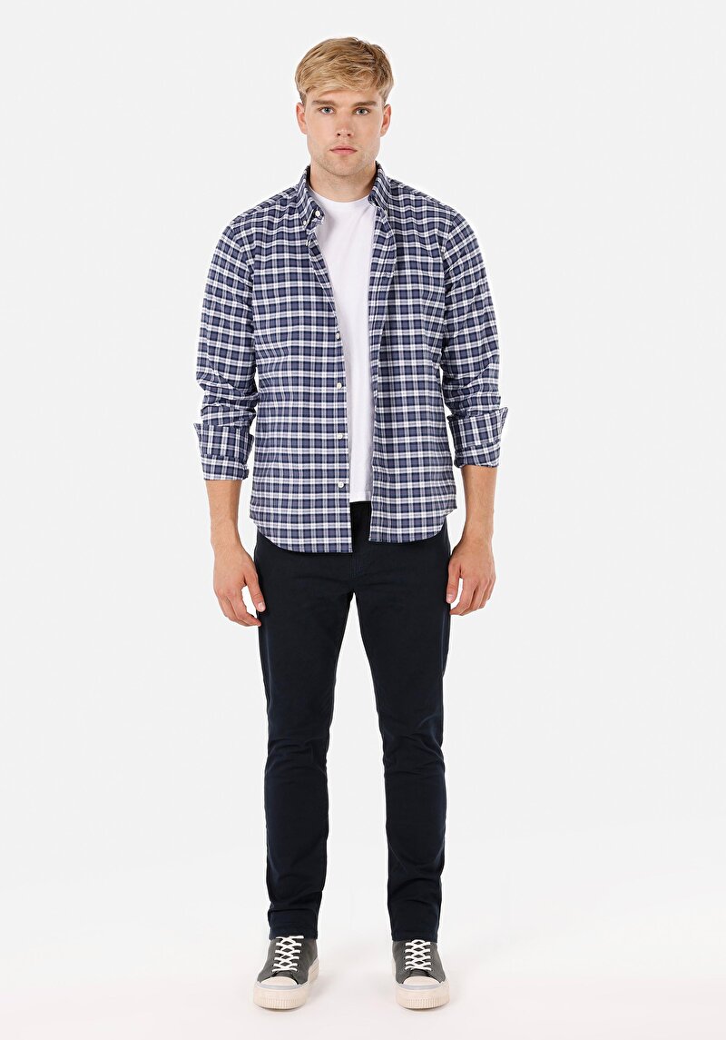 Regular Fit Cepsiz Shirt Neck Ekoseli Erkek Lacivert Uzun Kol Gömlek