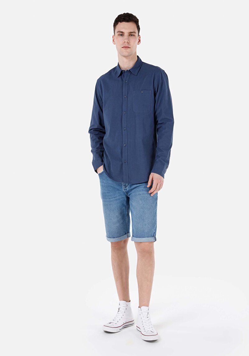 Regular Fit Shirt Neck Düz Erkek Mavi Uzun Kol Gömlek