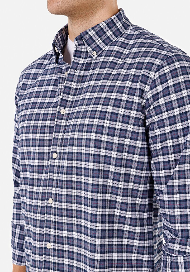 Regular Fit Cepsiz Shirt Neck Ekoseli Erkek Lacivert Uzun Kol Gömlek