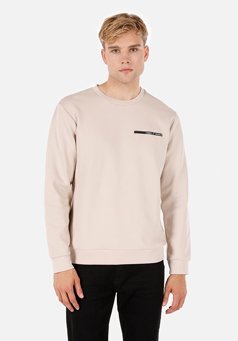 Regular Fit Yuvarlak Yaka Düz Erkek Bej Uzun Kol Tişört