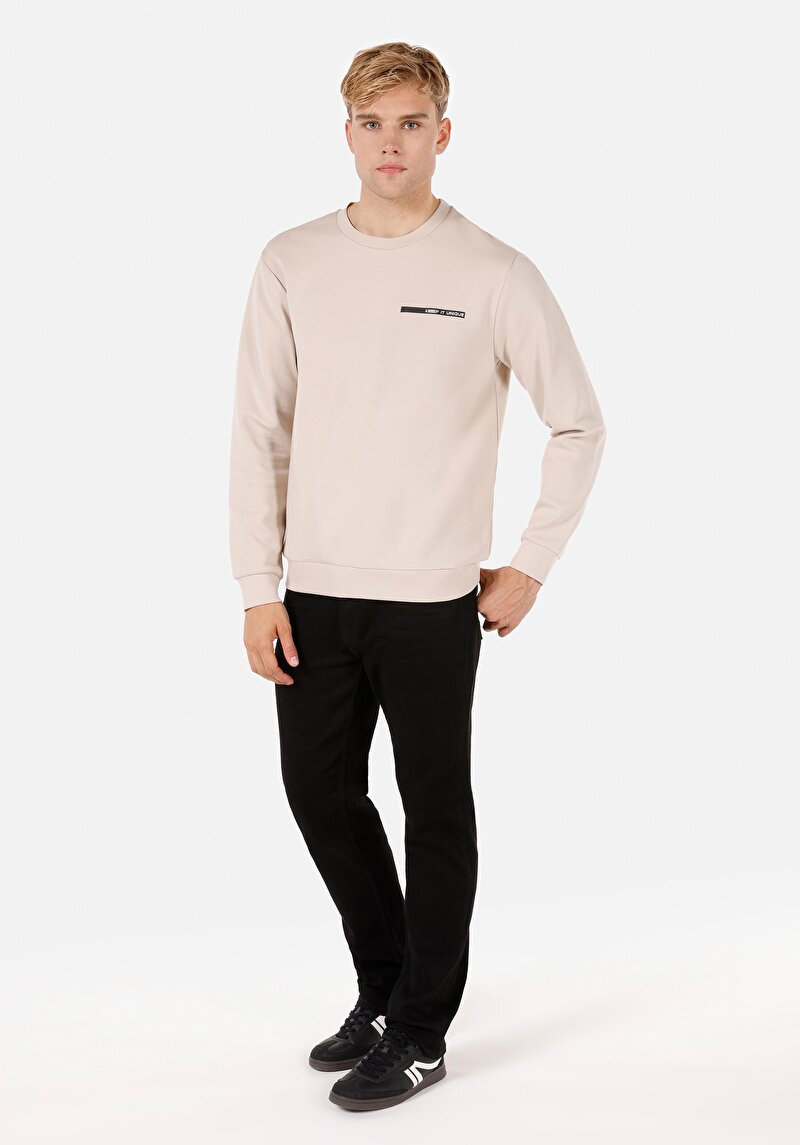 Regular Fit Yuvarlak Yaka Düz Erkek Bej Uzun Kol Tişört