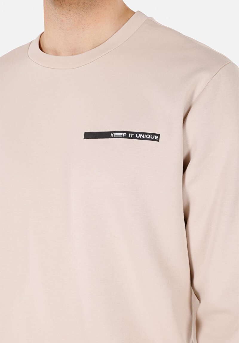 Regular Fit Yuvarlak Yaka Düz Erkek Bej Uzun Kol Tişört