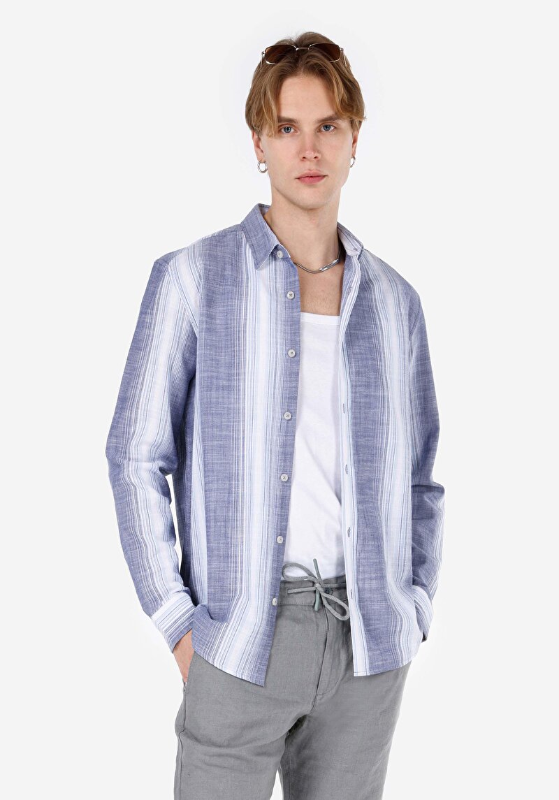 Regular Fit Shirt Neck Çizgili Erkek Lacivert Uzun Kol Gömlek