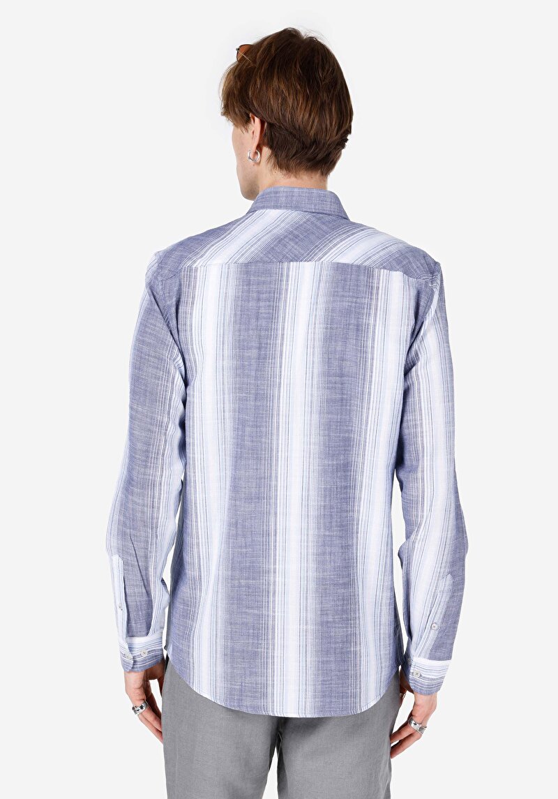 Regular Fit Shirt Neck Çizgili Erkek Lacivert Uzun Kol Gömlek