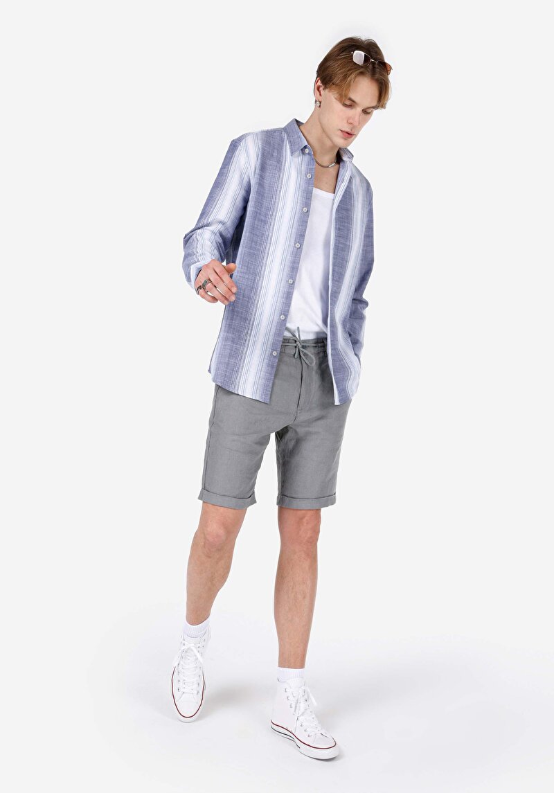 Regular Fit Shirt Neck Çizgili Erkek Lacivert Uzun Kol Gömlek