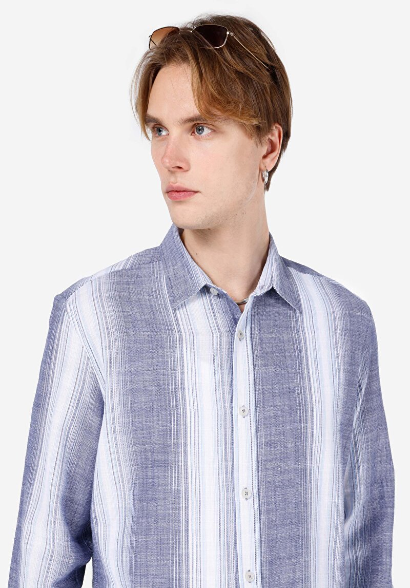 Regular Fit Shirt Neck Çizgili Erkek Lacivert Uzun Kol Gömlek