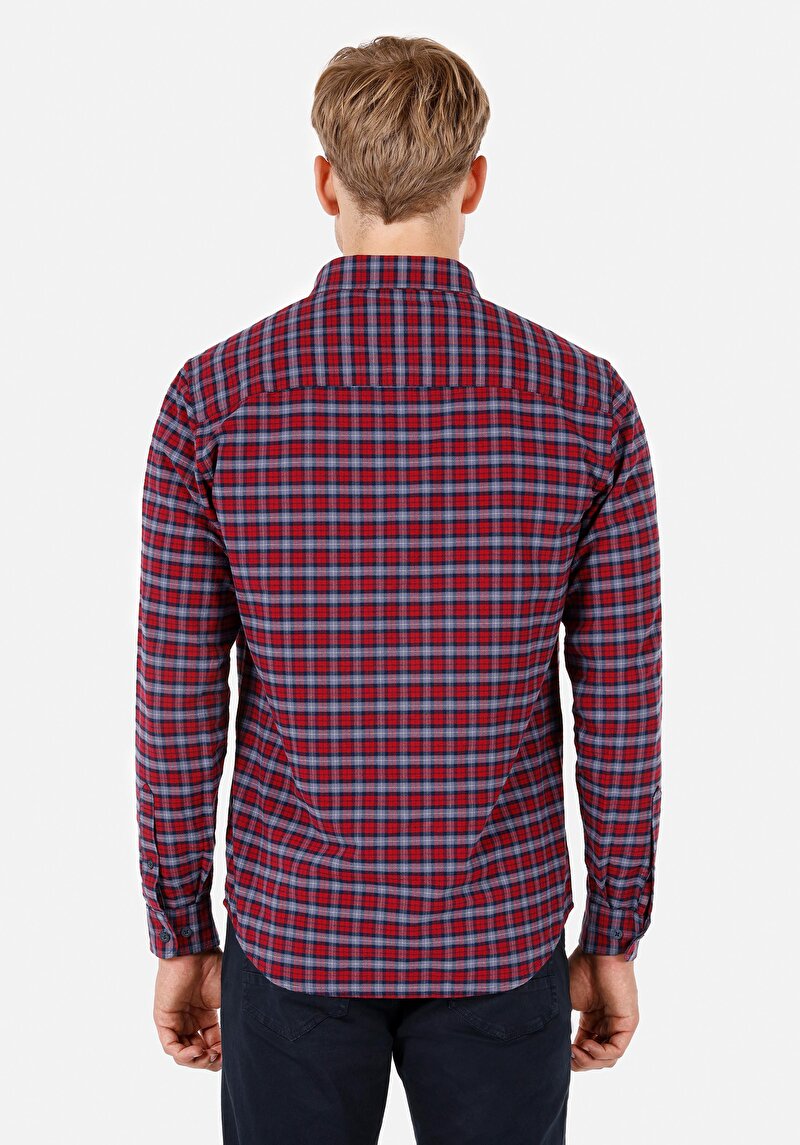Regular Fit Shirt Neck Pamuklu Ekoseli Erkek Kirmizi Uzun Kol Gömlek