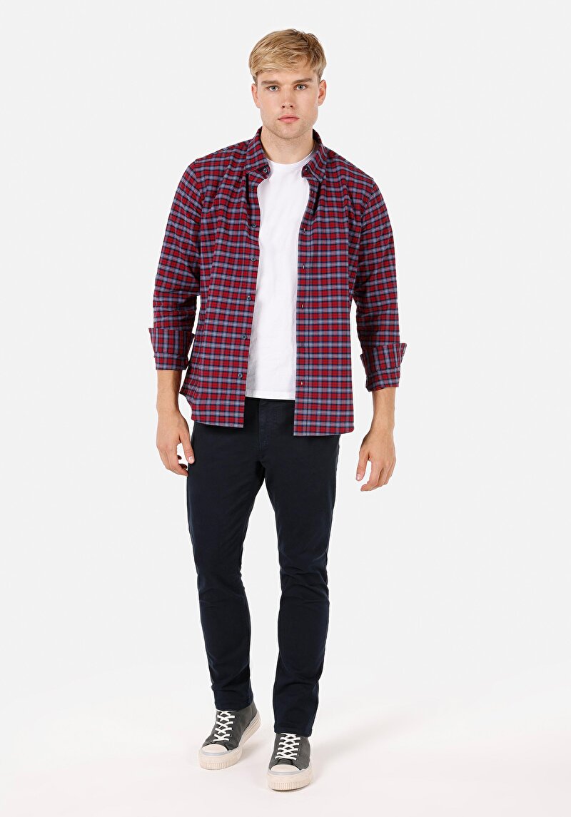 Regular Fit Shirt Neck Pamuklu Ekoseli Erkek Kirmizi Uzun Kol Gömlek