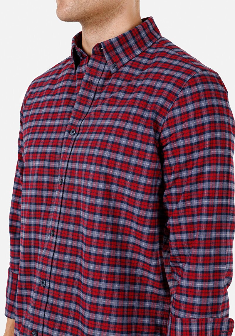 Regular Fit Shirt Neck Pamuklu Ekoseli Erkek Kirmizi Uzun Kol Gömlek
