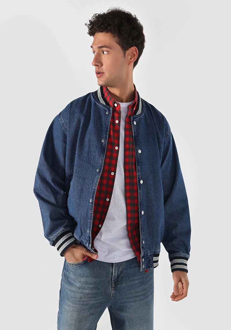 Oversize Fit Çıtçıtlı Astarsız Erkek Mavi Ceket