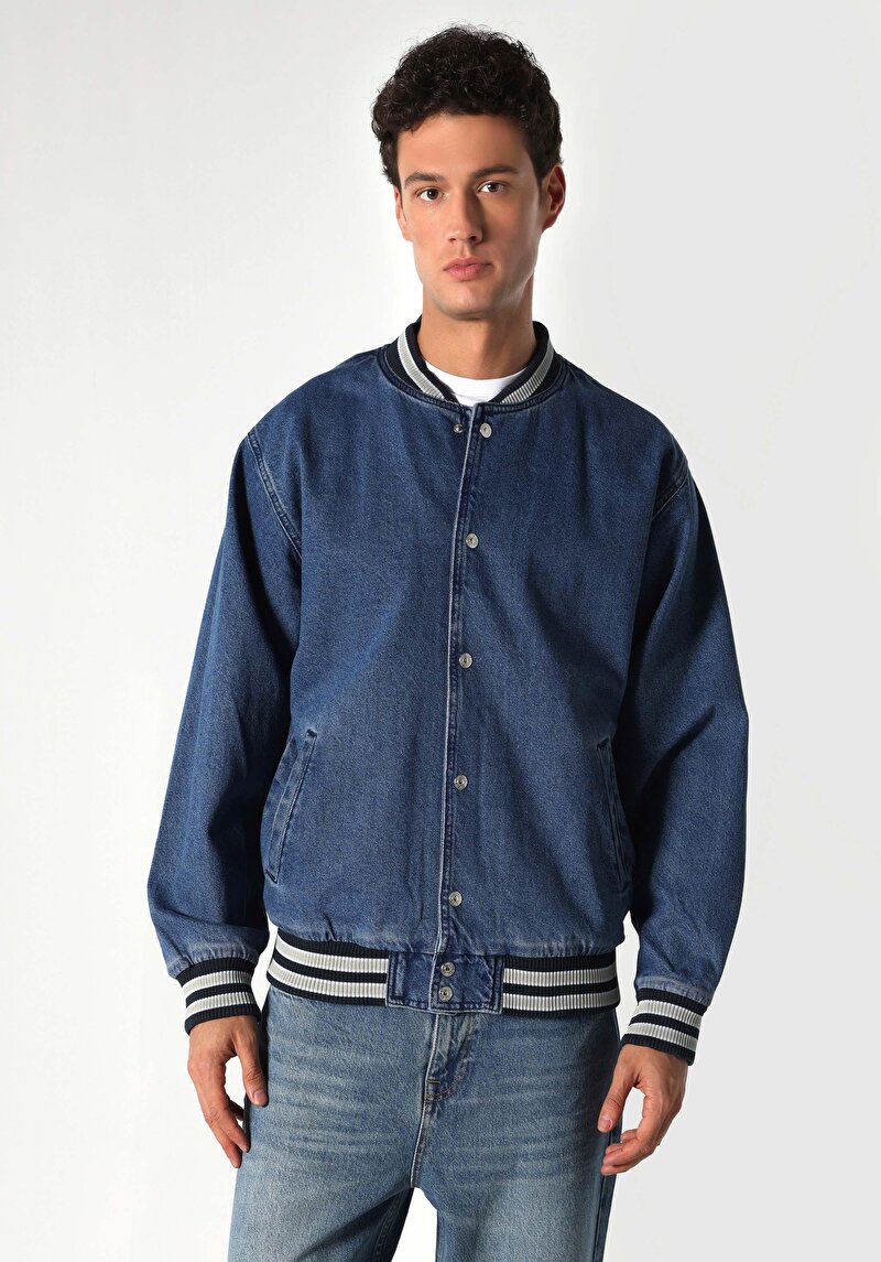 Oversize Fit Çıtçıtlı Astarsız Erkek Mavi Ceket