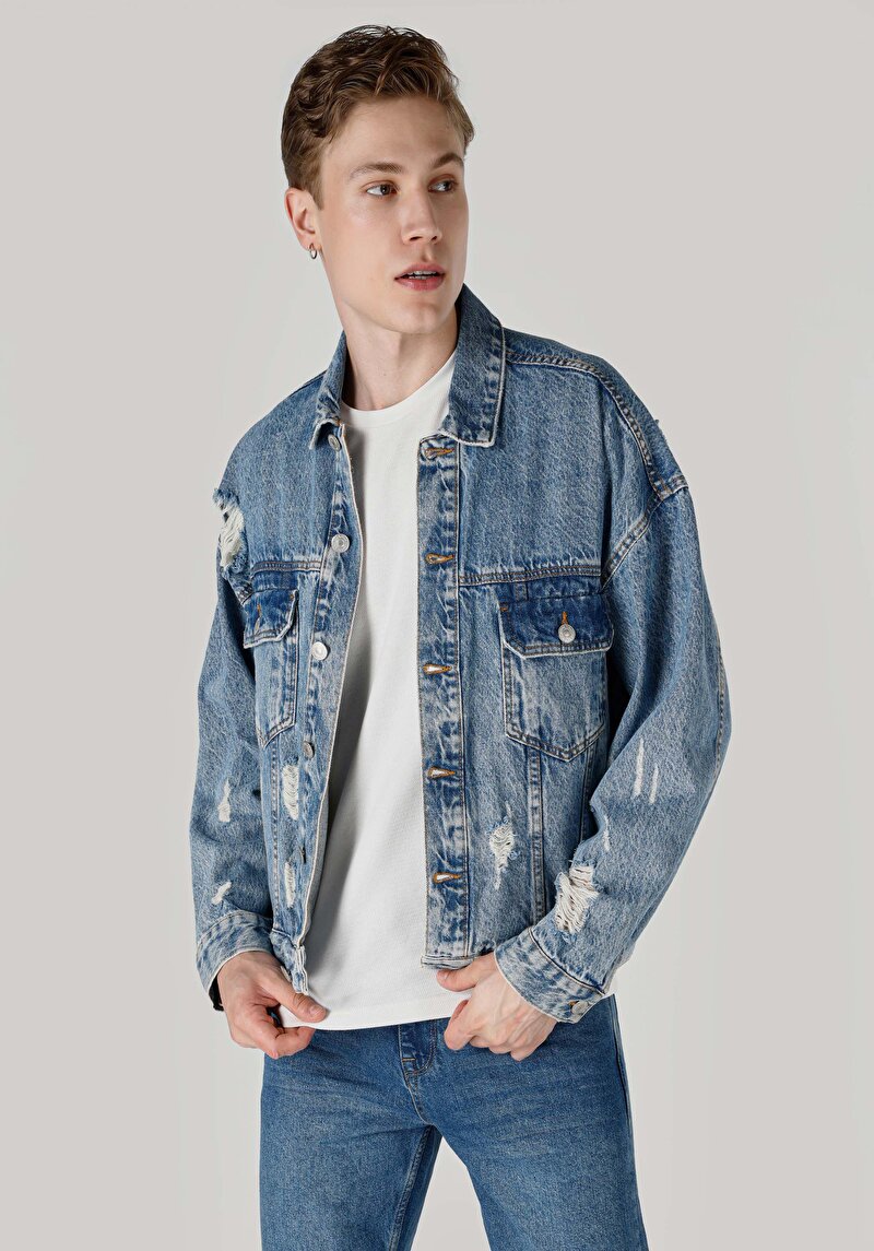 Oversize Fit Fermuarlı Astarsız Erkek Mavi Ceket