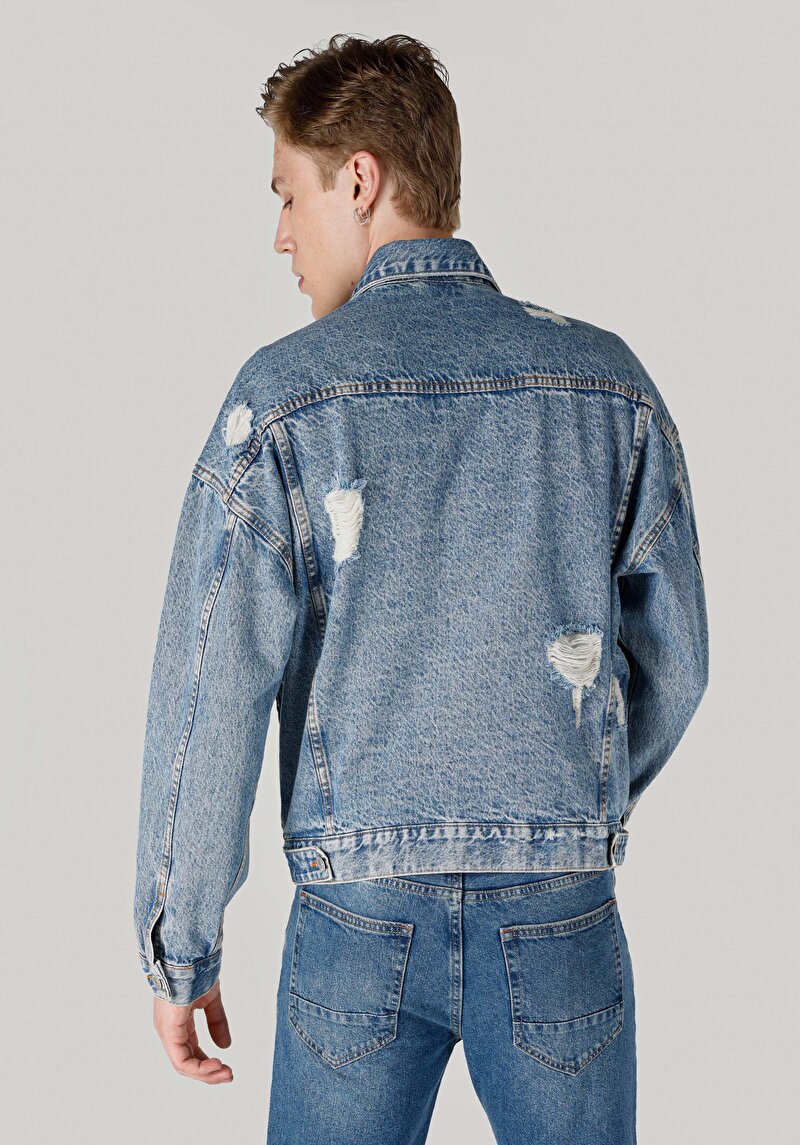 Oversize Fit Fermuarlı Astarsız Erkek Mavi Ceket