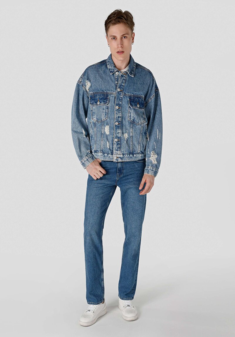 Oversize Fit Fermuarlı Astarsız Erkek Mavi Ceket