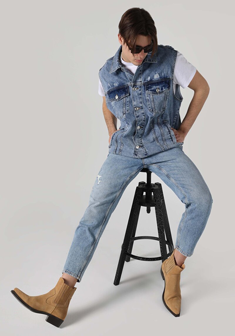 Oversize Fit Klasik Yaka Düğmeli Astarsız Erkek Mavi Yelek