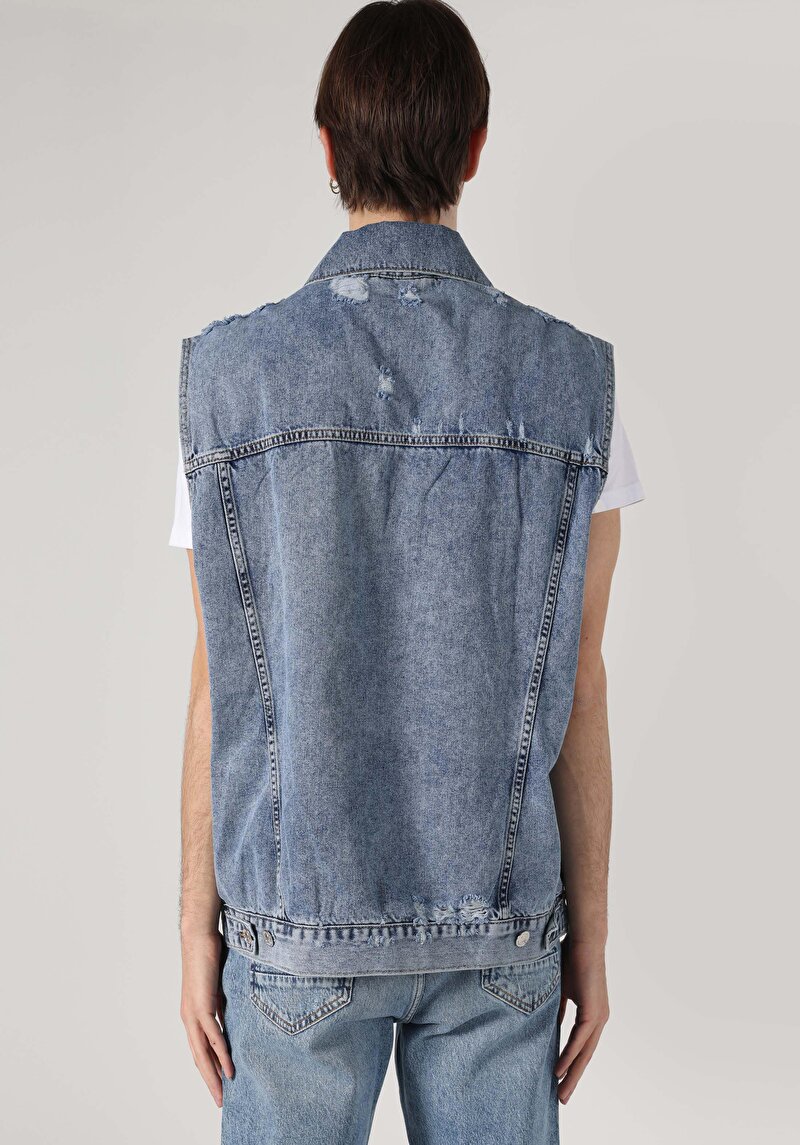 Oversize Fit Klasik Yaka Düğmeli Astarsız Erkek Mavi Yelek