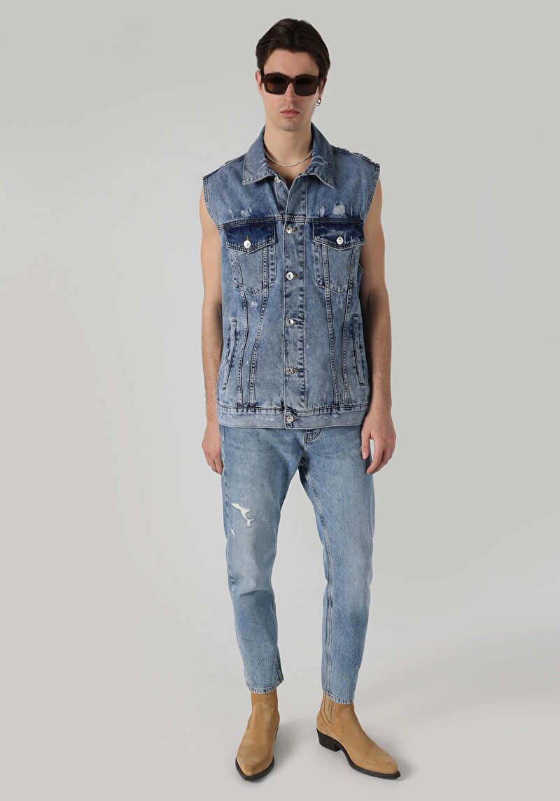 Oversize Fit Klasik Yaka Düğmeli Astarsız Erkek Mavi Yelek