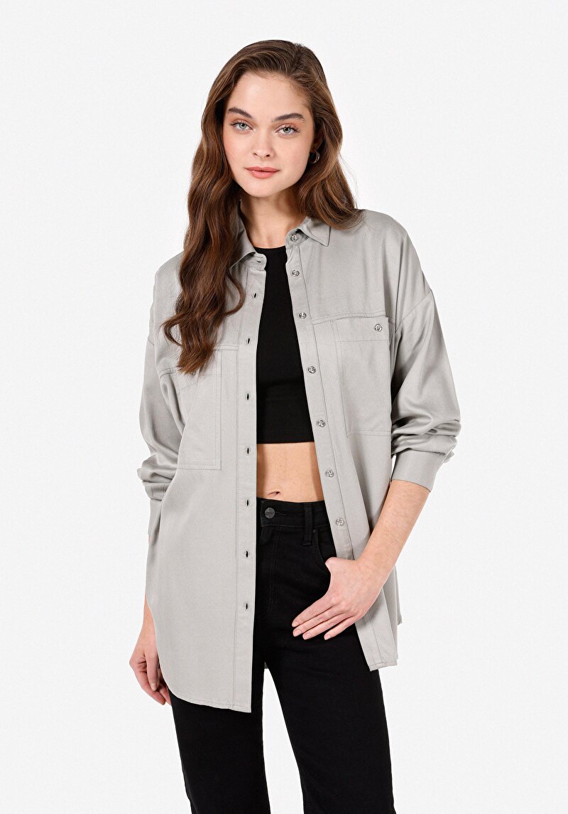 Regular Fit Shirt Neck Düz Kadın Yeşil Uzun Kol Gömlek