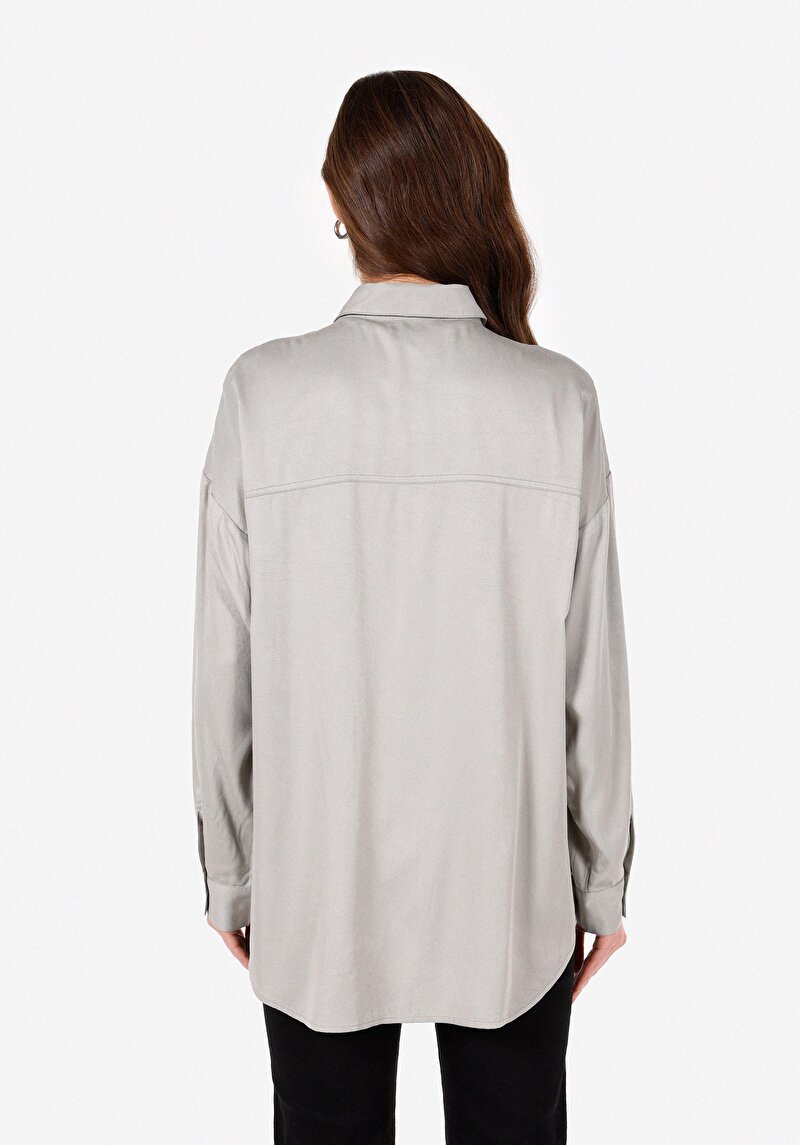 Regular Fit Shirt Neck Düz Kadın Yeşil Uzun Kol Gömlek