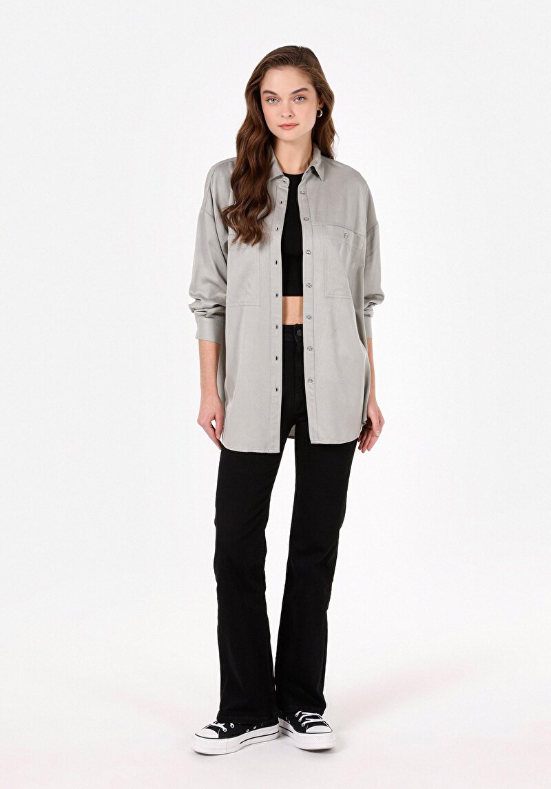 Regular Fit Shirt Neck Düz Kadın Yeşil Uzun Kol Gömlek