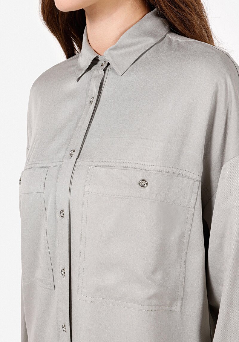 Regular Fit Shirt Neck Düz Kadın Yeşil Uzun Kol Gömlek