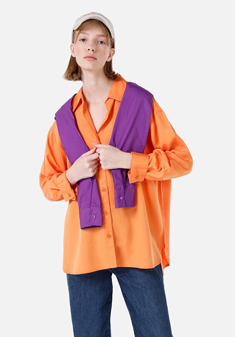 Relaxed Fit Shirt Neck Düz Kadın Turuncu Roll-Up Gömlek