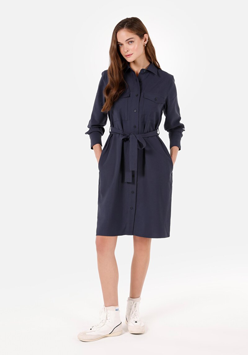 Regular Fit Kadın Lacivert Kemerli Elbise