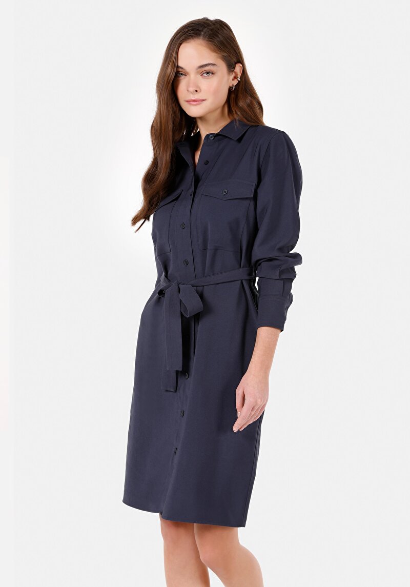 Regular Fit Kadın Lacivert Kemerli Elbise