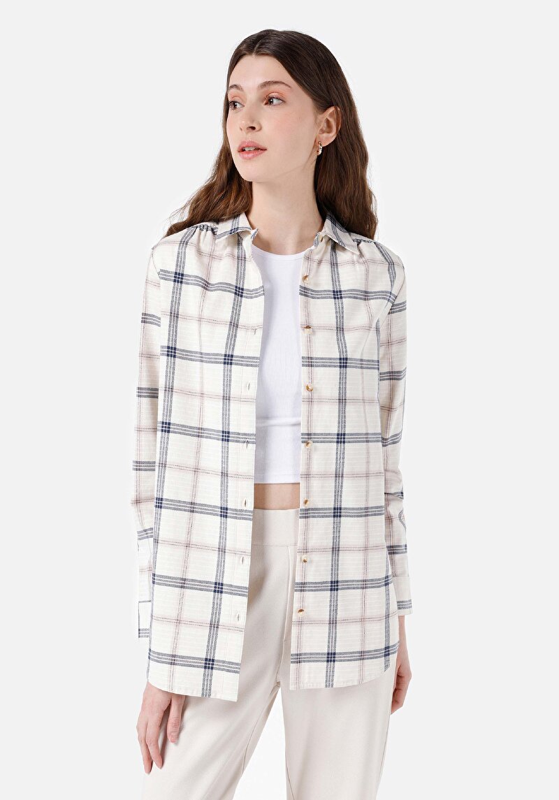 Regular Fit Shirt Neck Kadın Bej Uzun Kol Gömlek