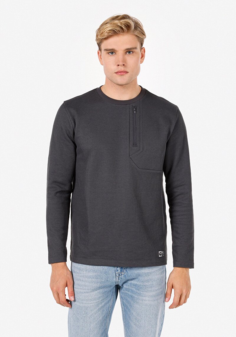 Regular Fit Yuvarlak Yaka Düz Erkek Antrasit Uzun Kol Tişört