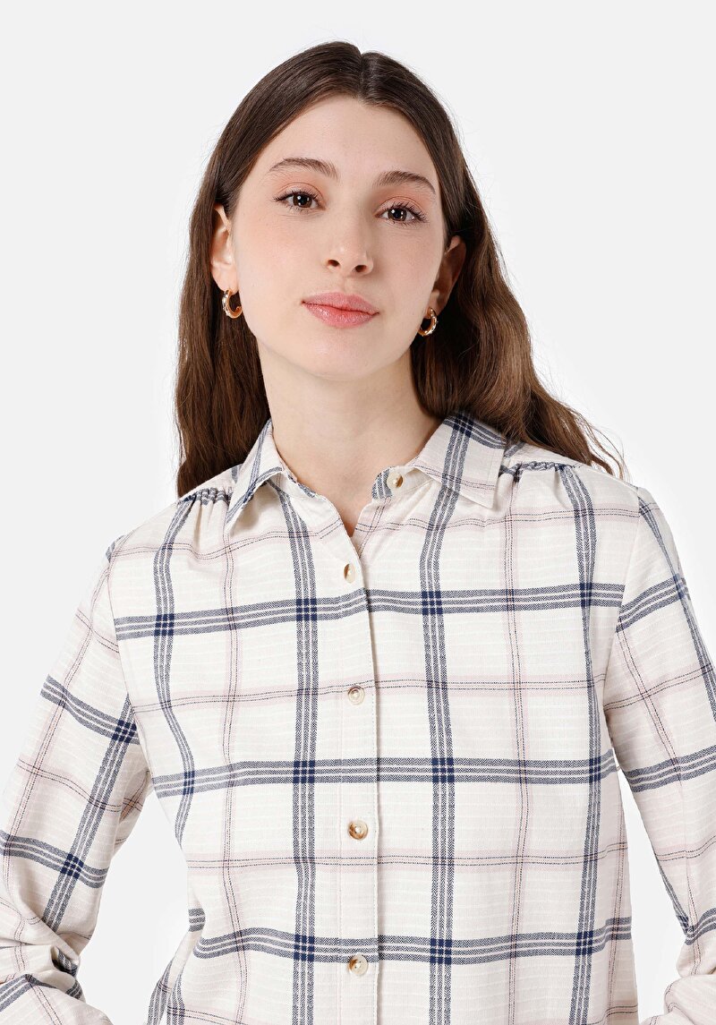 Regular Fit Shirt Neck Kadın Bej Uzun Kol Gömlek