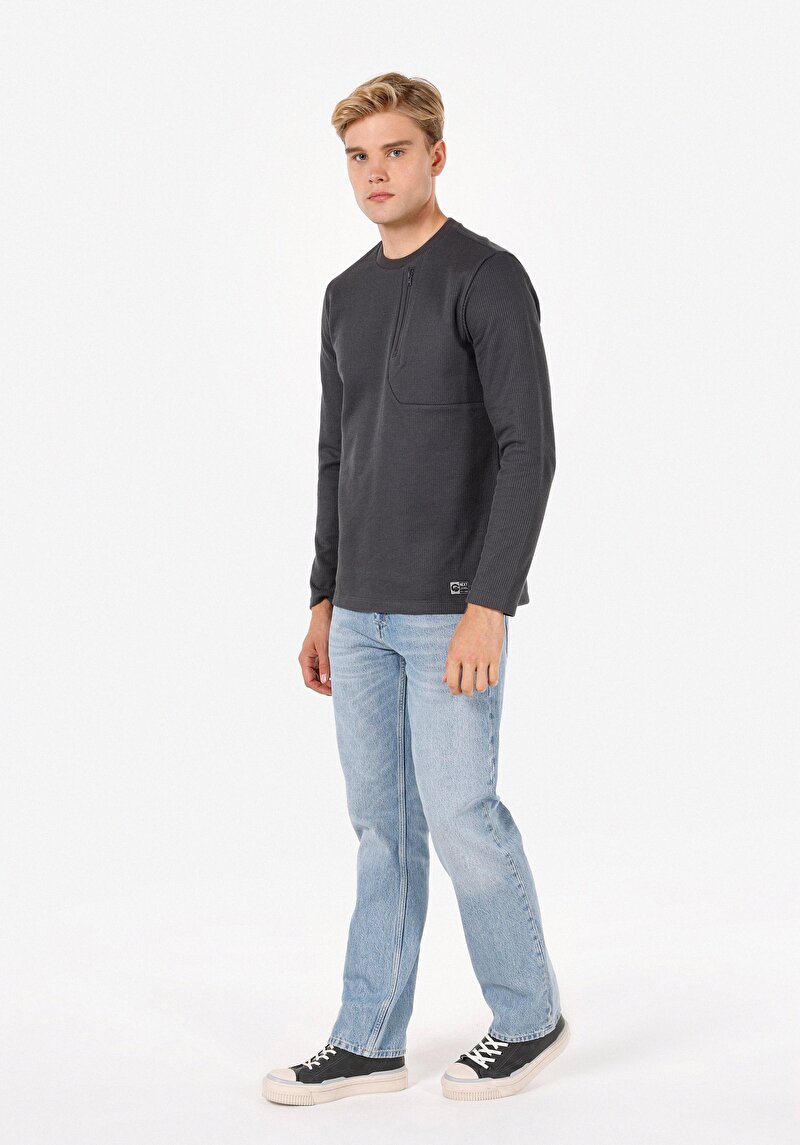 Regular Fit Yuvarlak Yaka Düz Erkek Antrasit Uzun Kol Tişört