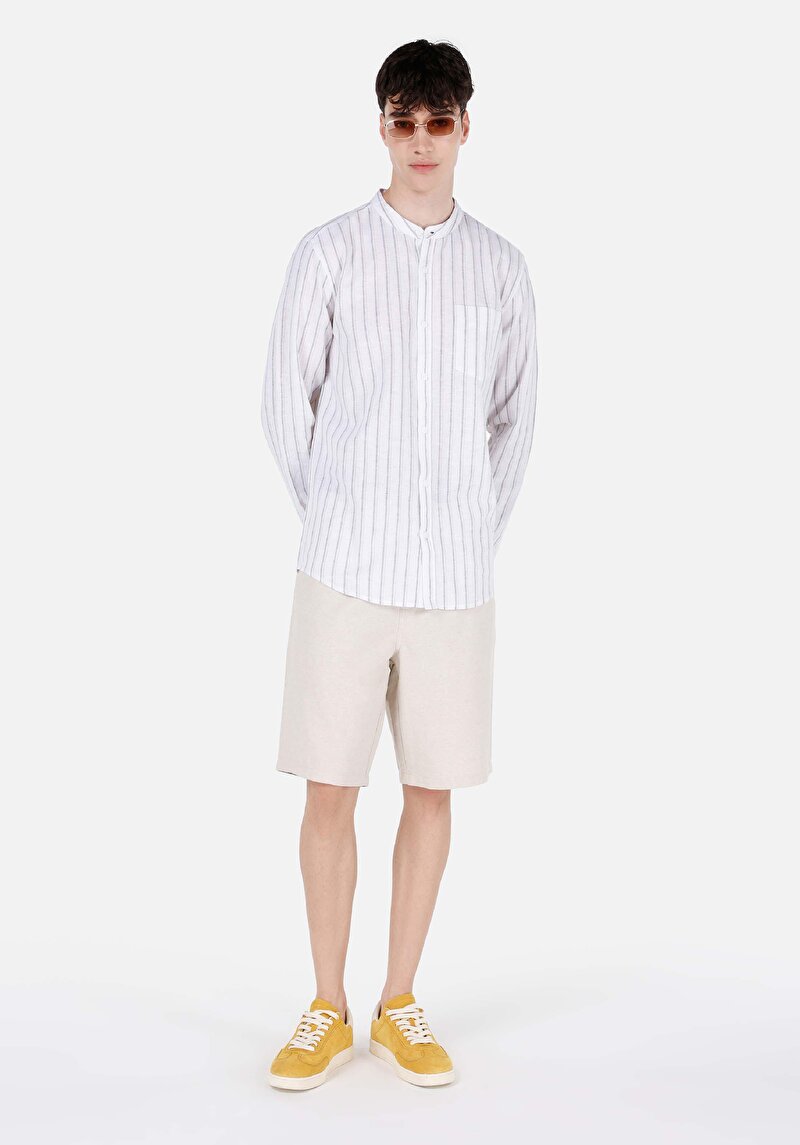 Regular Fit Hakim Yaka Çizgili Erkek Beyaz Uzun Kol Gömlek