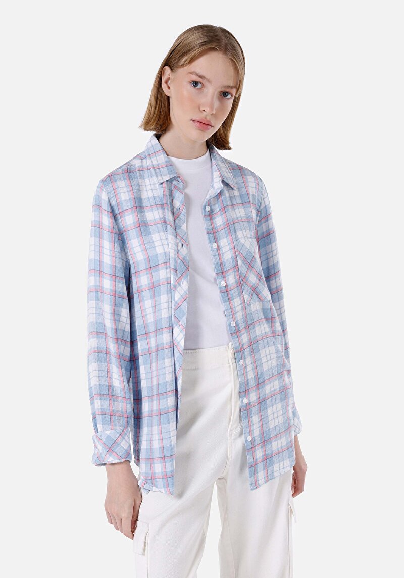 Regular Fit Shirt Neck Kadın Mavi Uzun Kol Gömlek