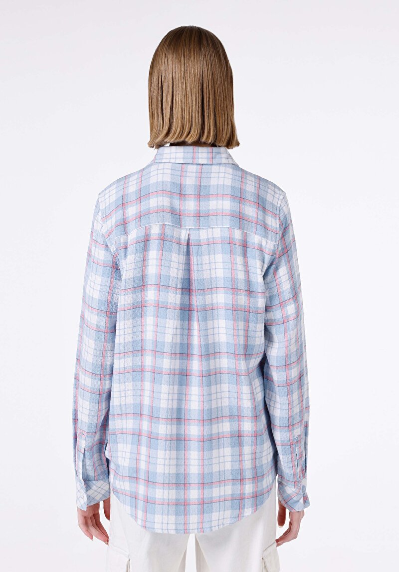 Regular Fit Shirt Neck Kadın Mavi Uzun Kol Gömlek