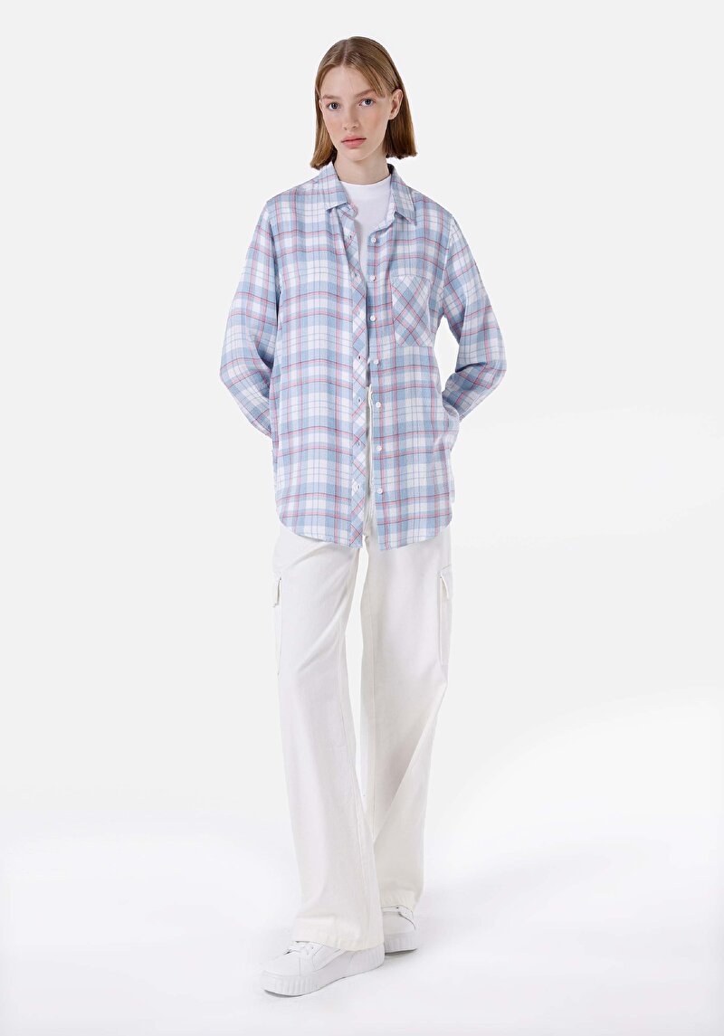 Regular Fit Shirt Neck Kadın Mavi Uzun Kol Gömlek