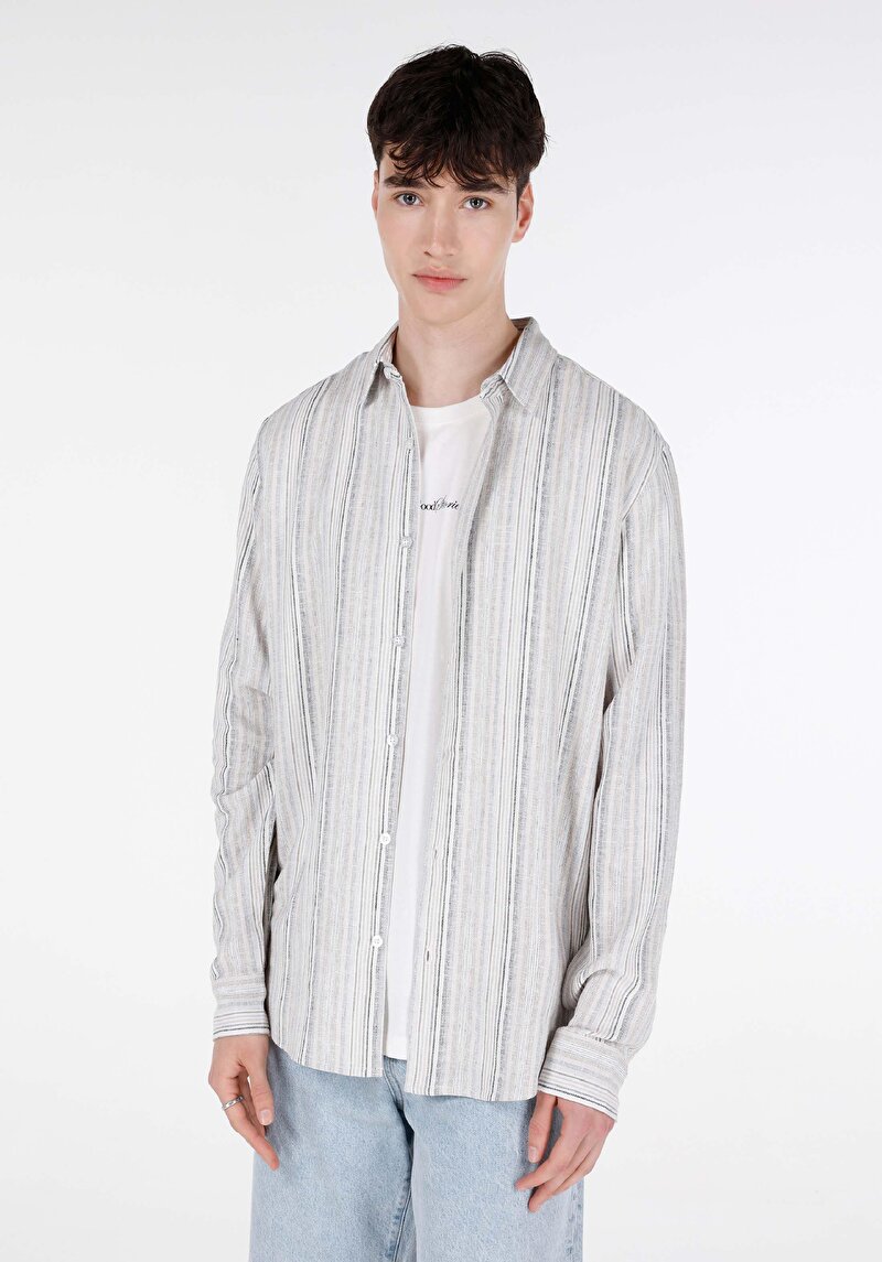 Regular Fit Shirt Neck Baskılı Erkek Ekru Çizgili Uzun Kol Gömlek