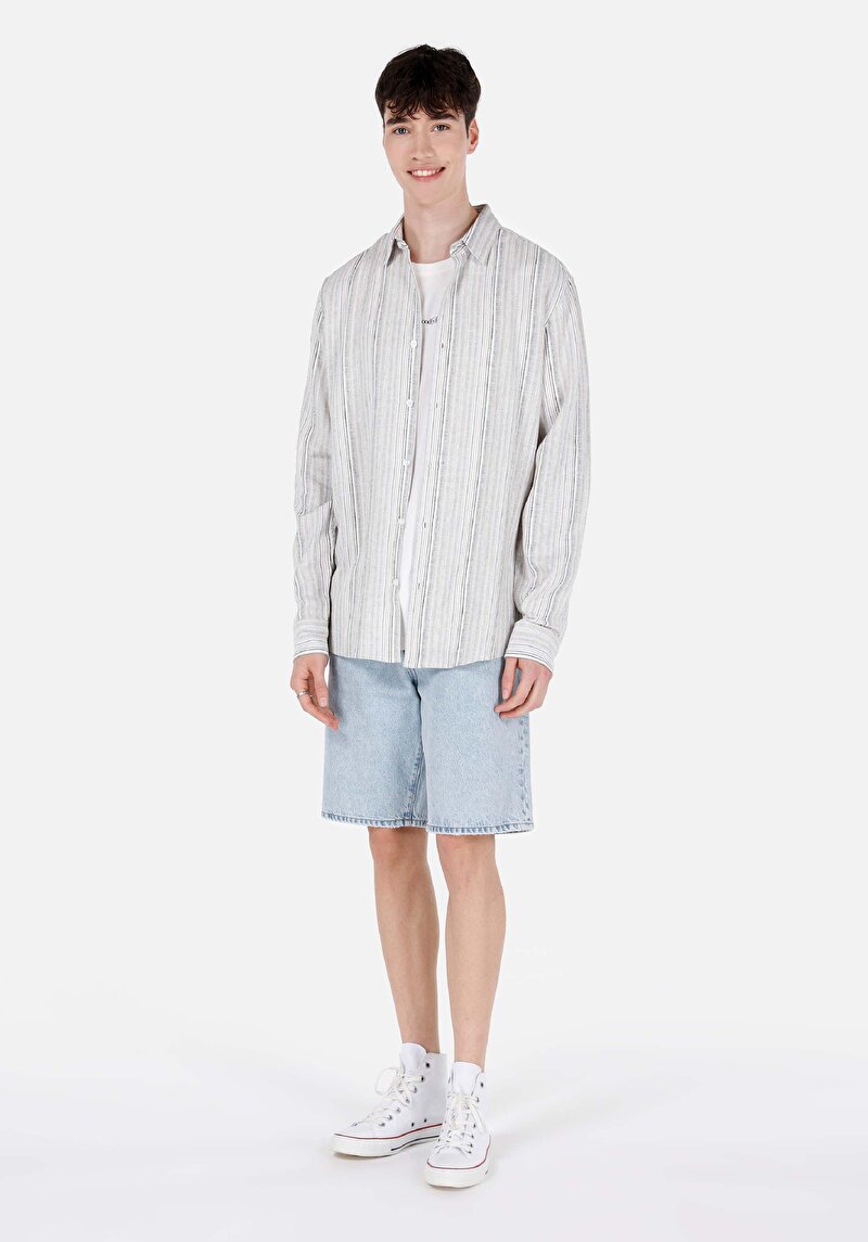 Regular Fit Shirt Neck Baskılı Erkek Ekru Çizgili Uzun Kol Gömlek