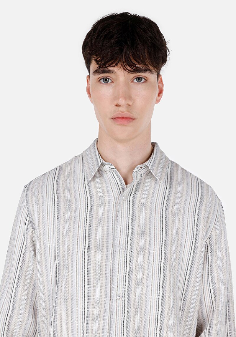 Regular Fit Shirt Neck Baskılı Erkek Ekru Çizgili Uzun Kol Gömlek