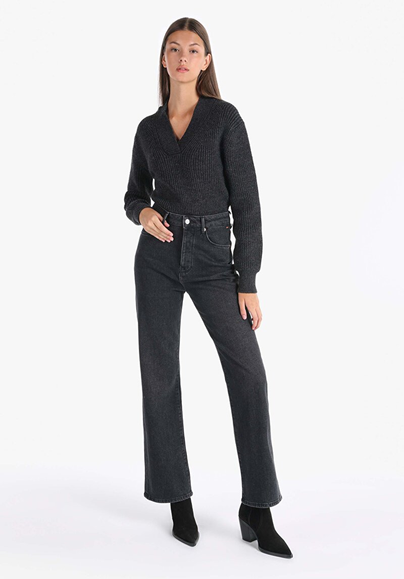 Regular Fit Yüksek Bel Tam Boy Paça Kadın Siyah Jean Pantolon