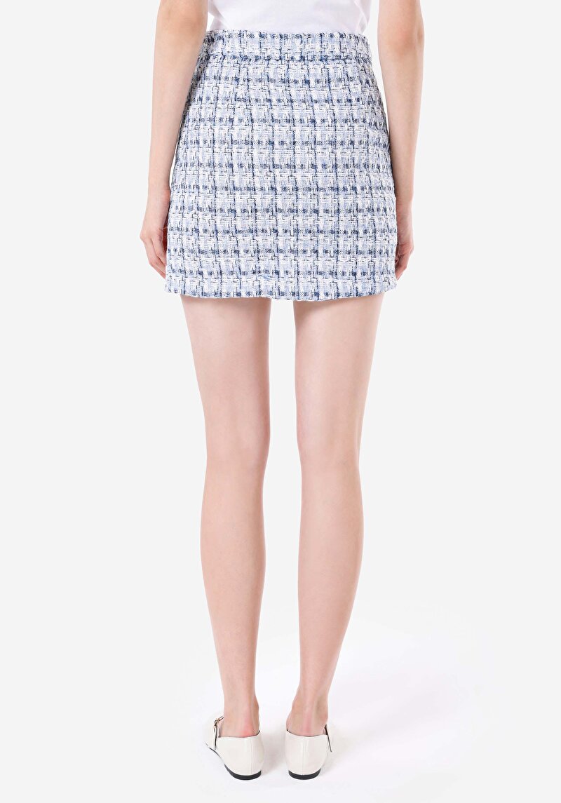 Mini Skirt Ekoseli Düğmeli Kadın Mavi Etek