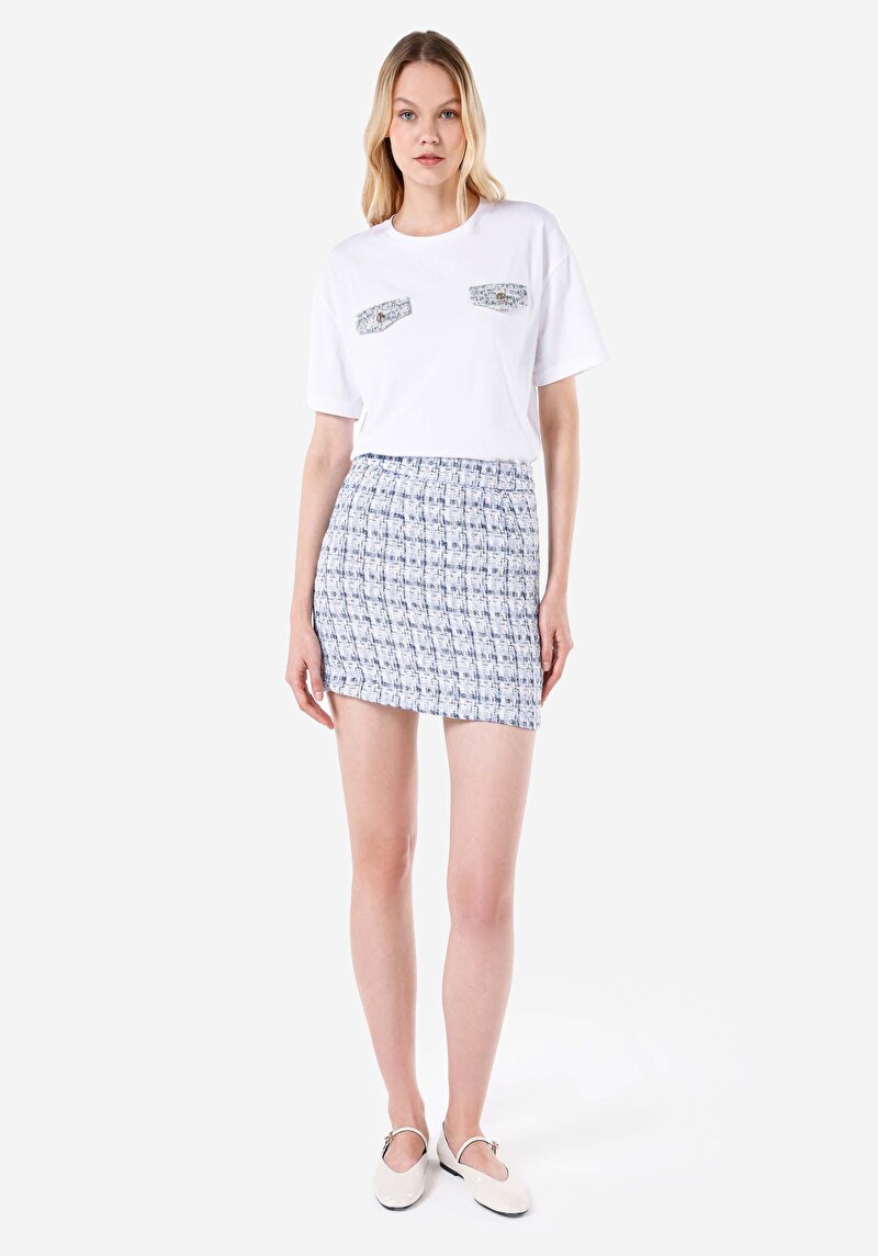 Mini Skirt Ekoseli Düğmeli Kadın Mavi Etek