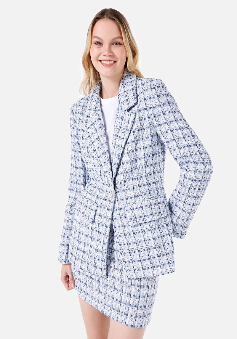 Slim Fit Düğmeli Astarlı Kadın Mavi Ceket